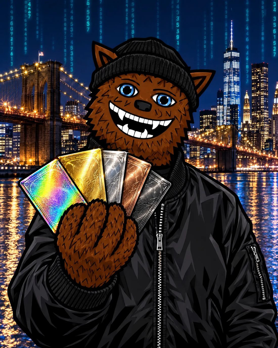 Fuzzybear in a beanie and bomber jacket fanning out five shiny cards in front of the New York skyline
